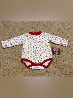 Long-Sleeve White Baby Bodysuit with Red Trim and Holiday Print